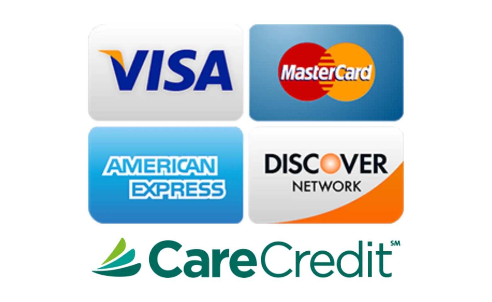 Image of Visa, MasterCard, American Express, Discover card, and CareCredit logos